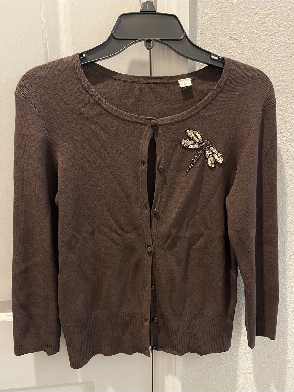Brown Women's Cardigan Sweater with Beaded Dragonfly NWOT